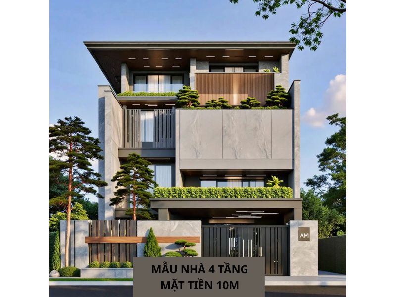 Thiết kế nhà 4 tầng mặt tiền 10m kết hợp hài hòa giữa kiến trúc và vật liệu