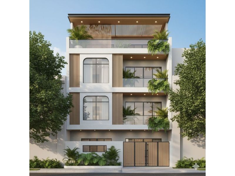 Kiến trúc cửa vòm kết hợp lam chắn gỗ tạo điểm nhấn nổi bật cho mẫu nhà 4 tầng mặt tiền 10m