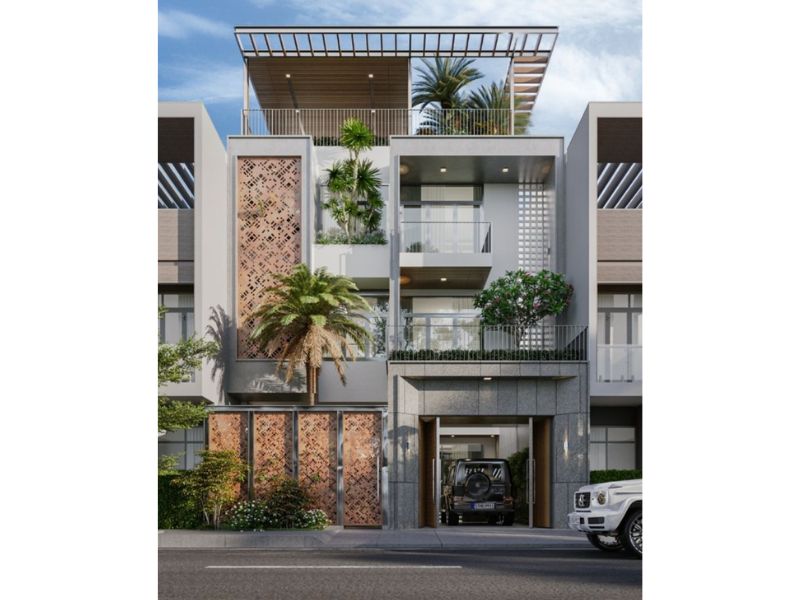 Mặt tiền nhà 4 tầng thiết kế gạch hoa gió tăng tính thẩm mỹ