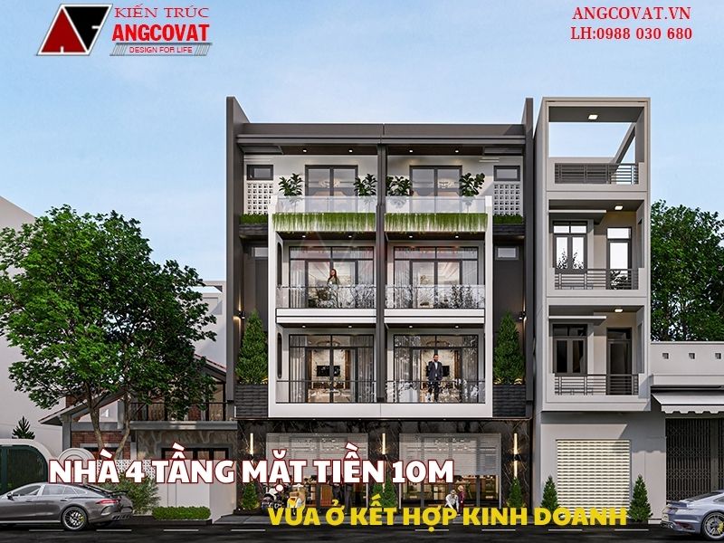 Mẫu nhà 4 tầng mặt tiền 10m vừa ở vừa kinh doanh
