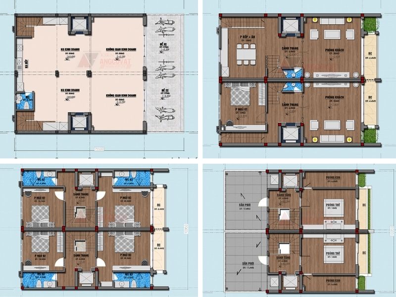 Mặt bằng bản vẽ nhà 4 tầng mặt tiền 10m vừa ở vừa kinh doanh hiệu quả