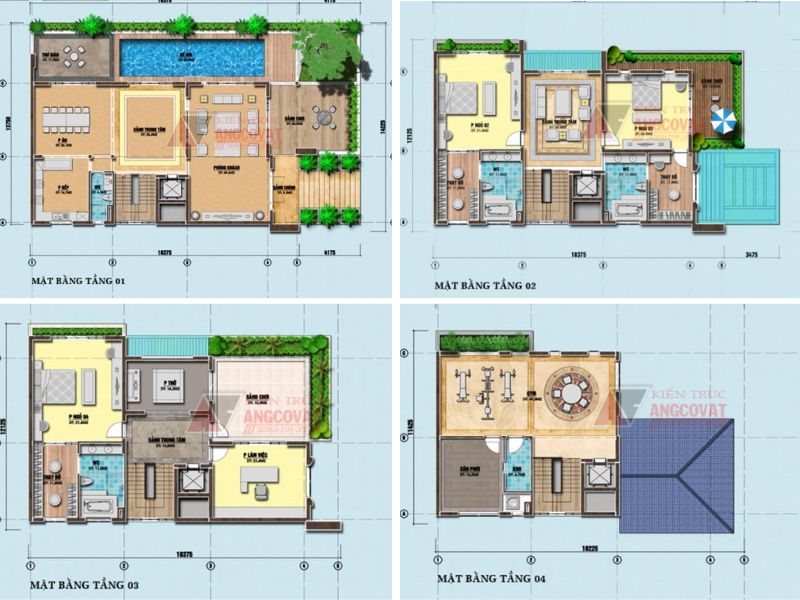 Bản vẽ mặt bằng nhà 4 tầng mặt tiền 10m 3 phòng ngủ