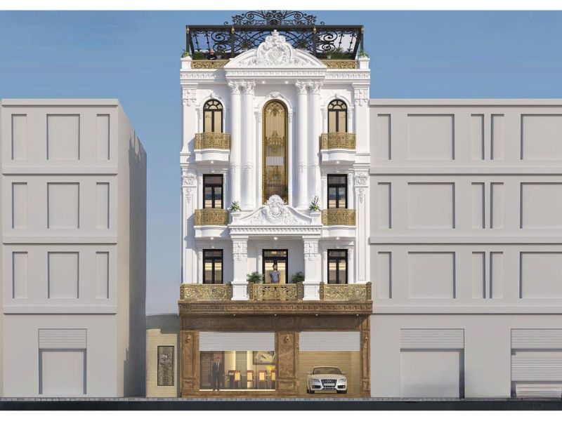 Thiết kế nhà 4 tầng có tum tân cổ điển quý phái và sang trọng