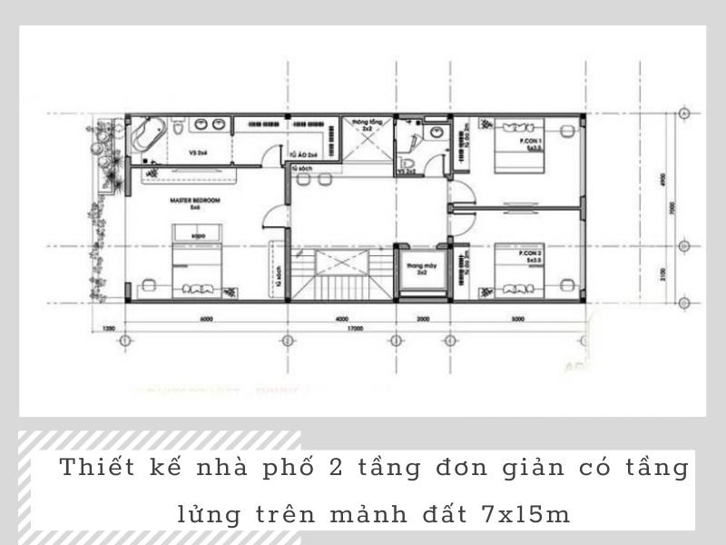 Bản vẽ mặt bằng công năng nhà phố 2 tầng đơn giản có tầng lửng trên mảnh đất 7x15m