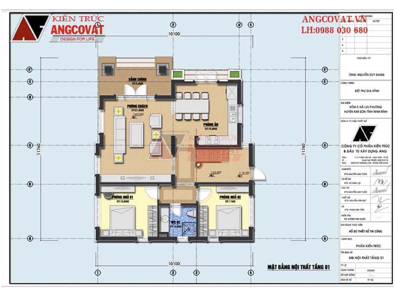 Mặt bằng tầng 1: Phương án thiết kế nhà vuông 2 tầng mái Nhật diện tích 100m2 có 5 phòng ngủ