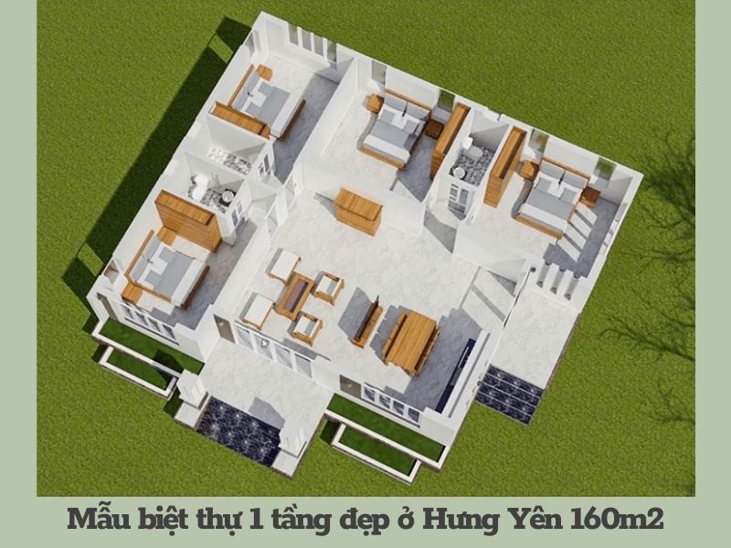 Bản vẽ 3D công năng mẫu biệt thự 1 tầng đẹp ở Hưng Yên 160m2