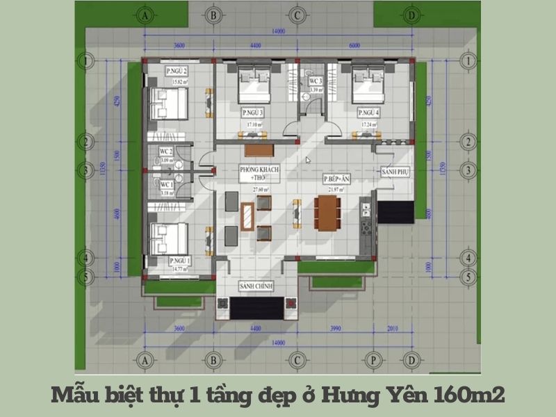 Bản vẽ  mặt bằng mẫu biệt thự 1 tầng đẹp ở Hưng Yên 160m2