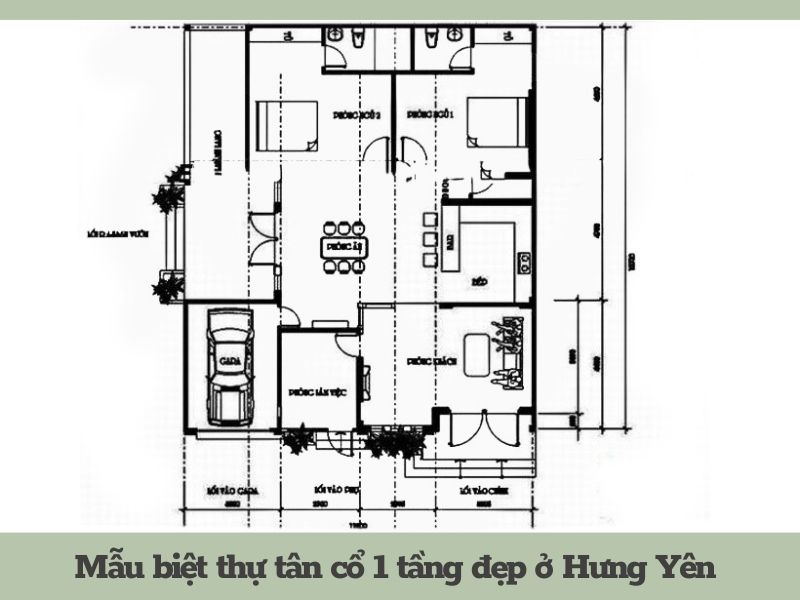 Bản vẽ mặt bằng mẫu biệt thự tân cổ 1 tầng đẹp ở Hưng Yên