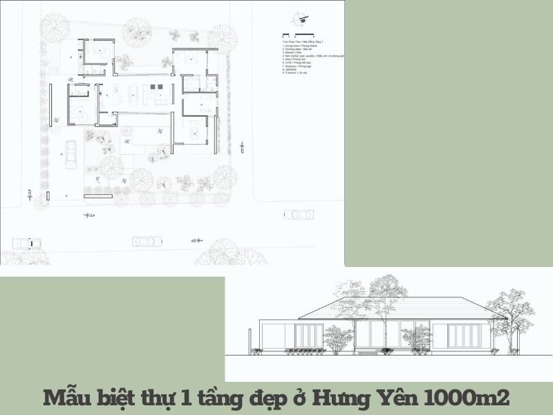 Bản vẽ mặt bằng công năng mẫu biệt thự 1 tầng đẹp ở Hưng Yên 1000m2