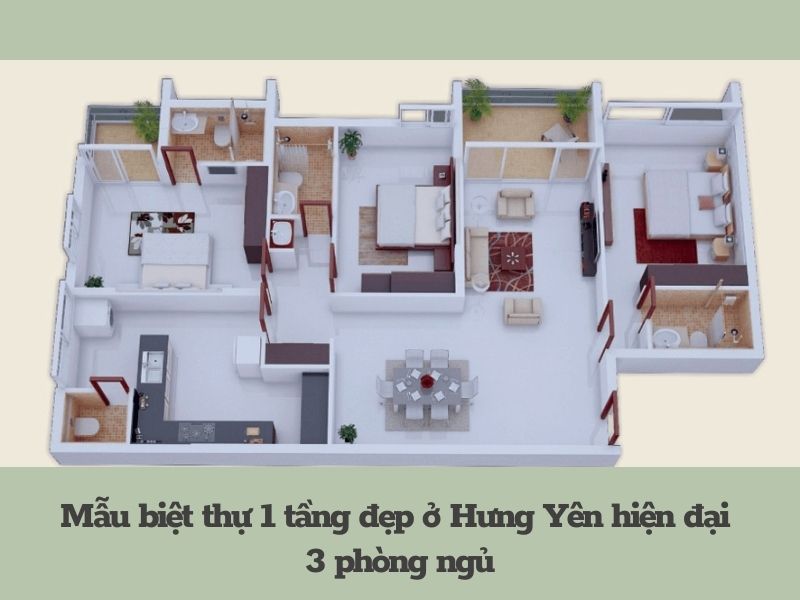 Bản vẽ công năng  biệt thự 1 tầng đẹp ở Hưng Yên hiện đại 3 phòng ngủ