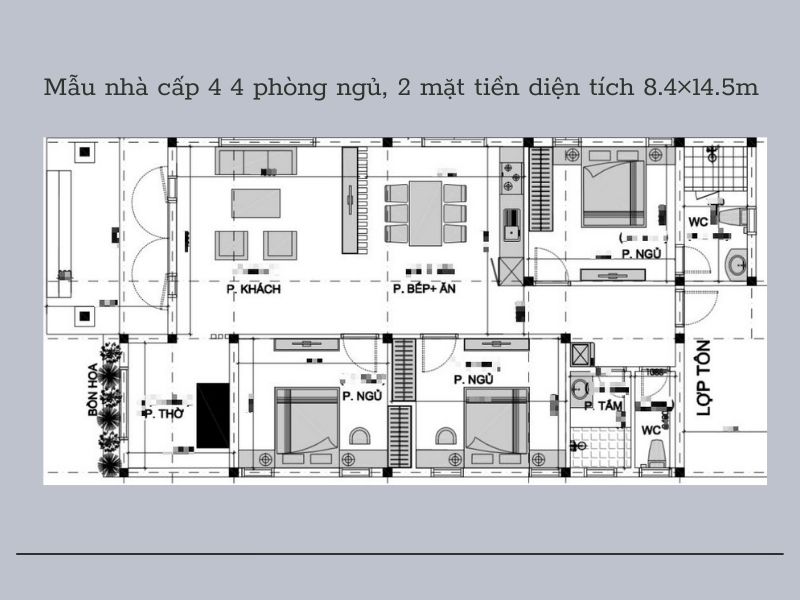Bản vẽ mặt bằng công năng mẫu nhà cấp 4 4 phòng ngủ, 2 mặt tiền diện tích 8.4×14.5m