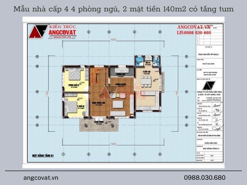Bản vẽ mặt bằng tầng 1 mẫu nhà cấp 4 4 phòng ngủ, 2 mặt tiền 140m2 có tầng tum