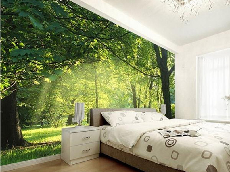 thiết kế phòng ngủ nhỏ không có cửa sổ với tranh thiên nhiên 3d đẹp 