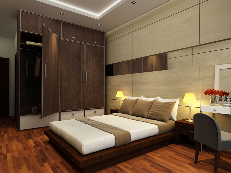 phòng ngủ 13m2 với nội thất gỗ