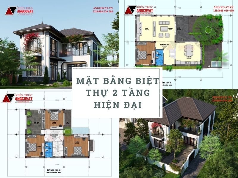 Thiết kế mặt bằng biệt thự 2 tầng hiện đại chữ L 100m2 4 phòng ngủ phòng thờ tầng 1