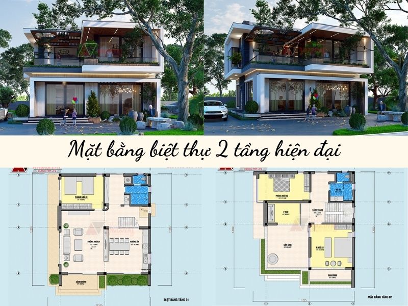 Mặt bằng biệt thự 2 tầng hiện đại 3 phòng ngủ