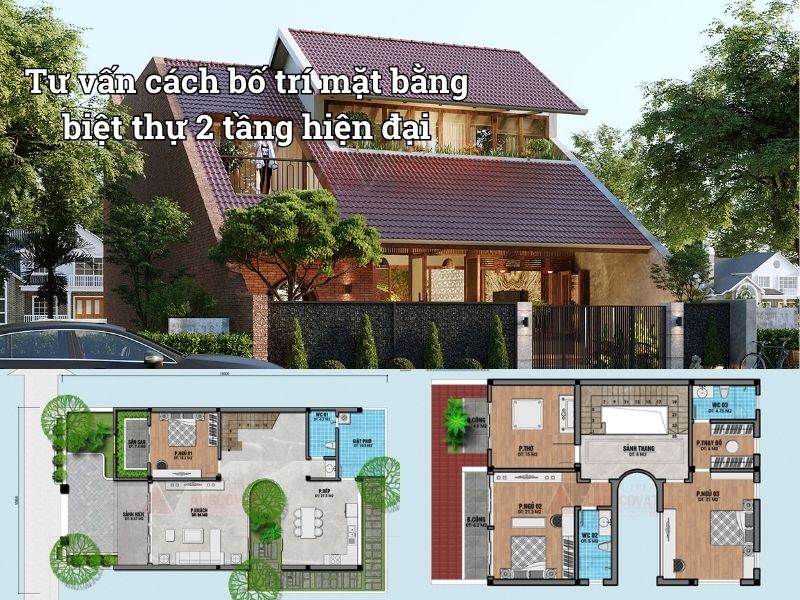 Bản vẽ mặt bằn biệt thự 2 tầng hiện đại 3 phòng ngủ 1 phòng thờ