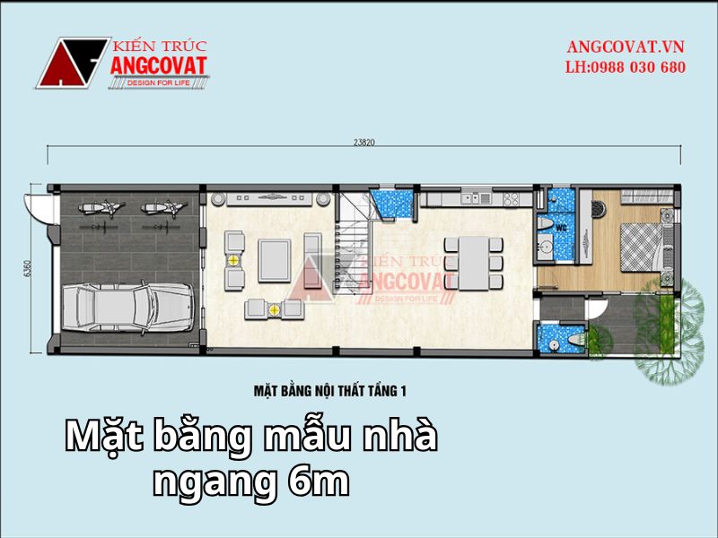 Mặt bằng tầng 1 mẫu nhà ngang 6m