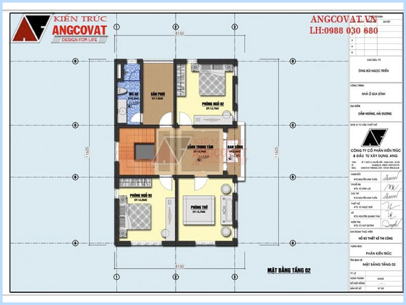 Mặt bằng tầng 2: Thiết kế nhà 90m2 3 phòng ngủ cân xứng kích thước 12x8m