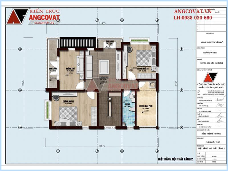 Mặt bằng tầng 2: Thiết kế nhà 90m2 3 phòng ngủ mái bằng hiện đại kích thước 9x12m