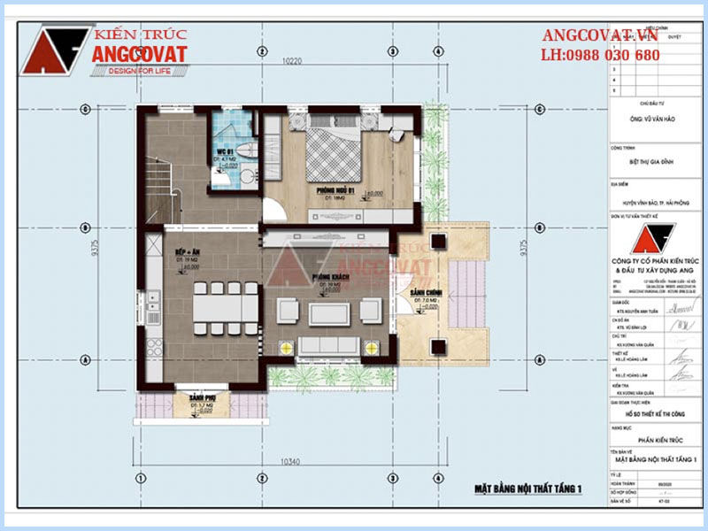 Mặt bằng tầng 1: Thiết kế nhà 90m2 3 phòng ngủ mái dốc hoành tráng tại Hải Phòng