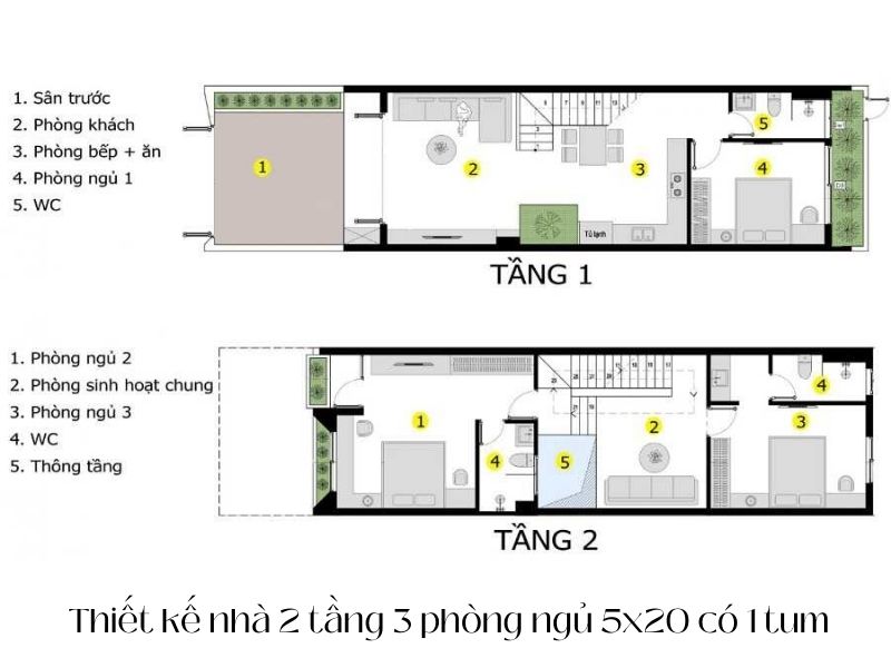 Bản vẽ mặt bằng tầng 1, tầng 2 mẫu thiết kế nhà 2 tầng 3 phòng ngủ 5x20 có 1 tum