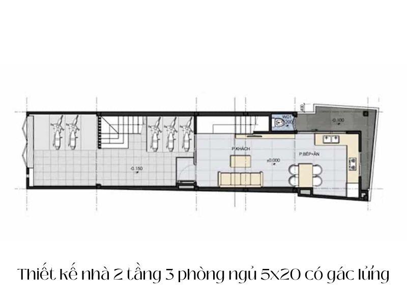 Bản vẽ mặt bằng tầng 1 thiết kế nhà 2 tầng 3 phòng ngủ 5x20 có gác lửng