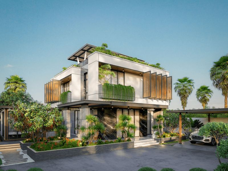 Biệt thự 2 tầng hiện đại mái bằng xây dựng trên nền đất méo