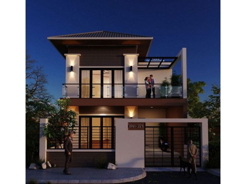 Kiến trúc nhà mái Nhật 2 tầng mặt tiền 8m có sân vườn