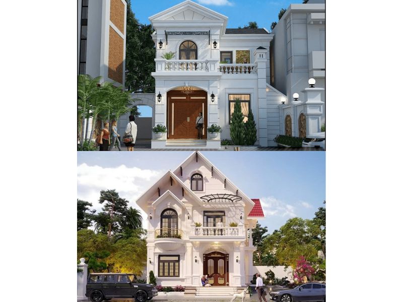 2 mẫu nhà kiến trúc tân cổ điển gam màu trắng mặt tiền 8m