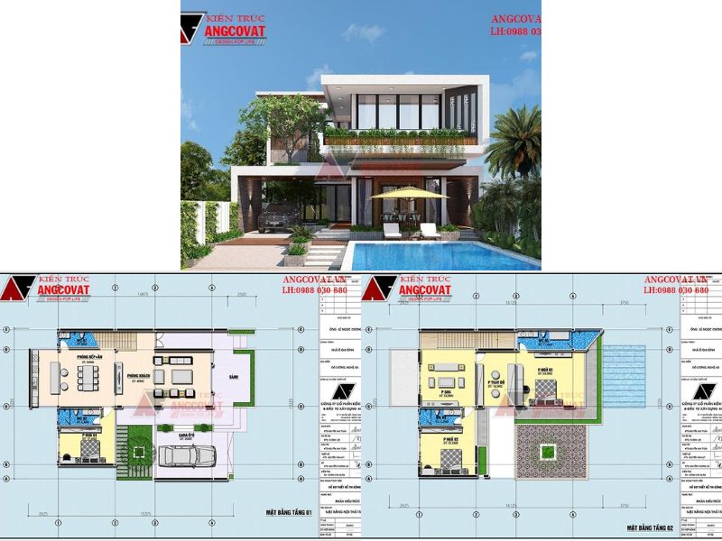 Mặt bằng biệt thự 200m2 2 tầng có bể bơi