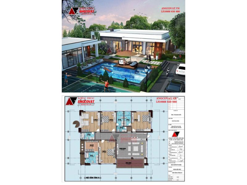 Mặt  bằng biệt thự 1 tầng nghỉ dưỡng mặt tiền 20m
