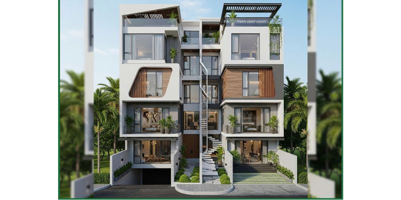 Kiến trúc nhà phố hiện đại 4 tầng có hầm để xe
