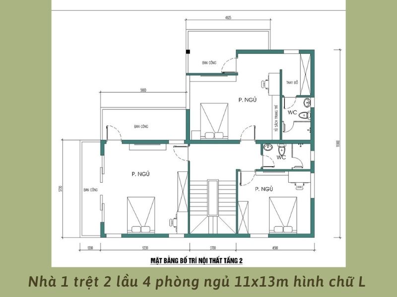 Bản vẽ mặt bằng tầng 2 nhà 1 trệt 2 lầu 4 phòng ngủ 11x13m hình chữ L