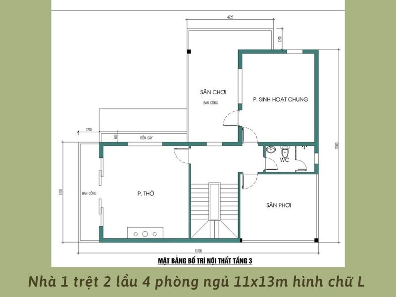 Bản vẽ mặt bằng tầng 3 nhà 1 trệt 2 lầu 4 phòng ngủ 11x13m hình chữ L