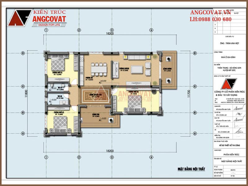 Mặt bằng tầng 1: Nhà cấp 4 mái thái 3 phòng ngủ chữ L kích thước 12x18m