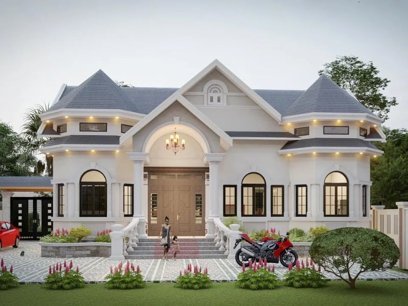 Bản vẽ nhà 1 tầng 4 phòng ngủ phong cách kiểu Pháp
