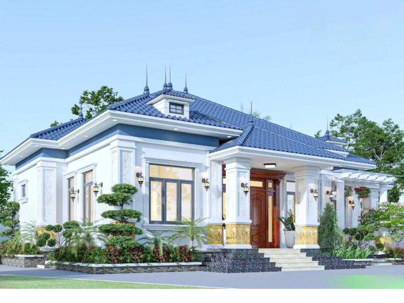 Đường nét kiến trúc mạnh mẽ của bản vẽ nhà biệt thự 1 tầng 4 phòng ngủ 