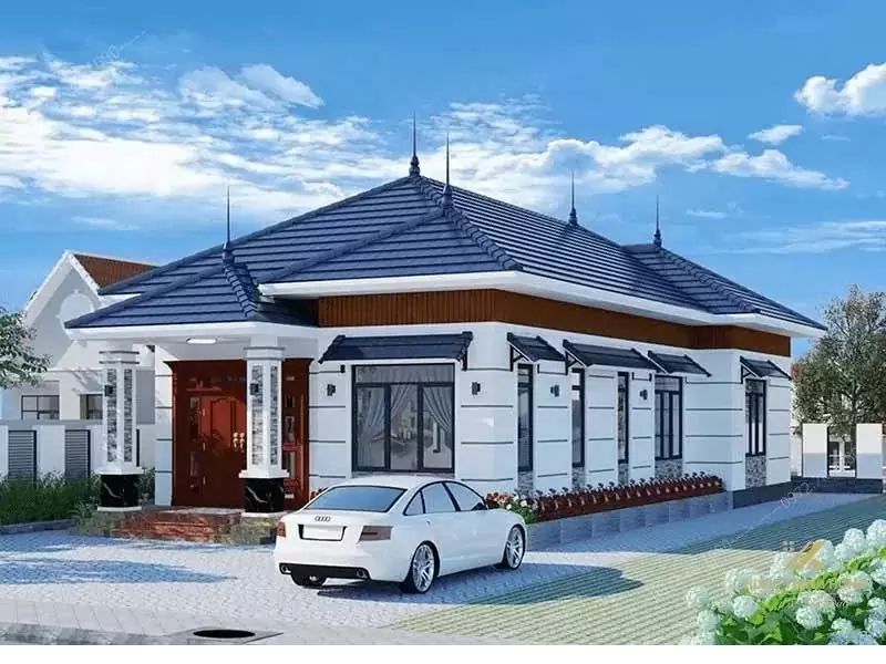 Tham khảo mẫu bản vẽ nhà 1 tầng 4 phòng ngủ mái Nhật ở quê