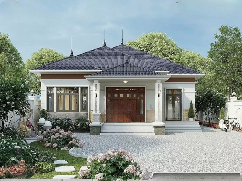 Bản vẽ nhà 1 tầng 4 phòng ngủ có sân vườn phía trước