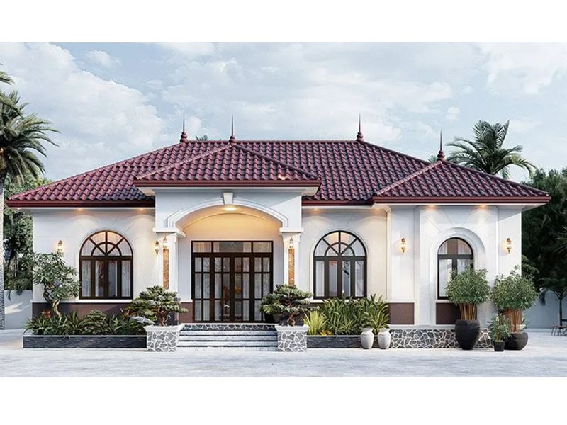 Mẫu nhà 1 tầng 4 phòng ngủ có cửa kính tối ưu ánh sáng và thông gió
