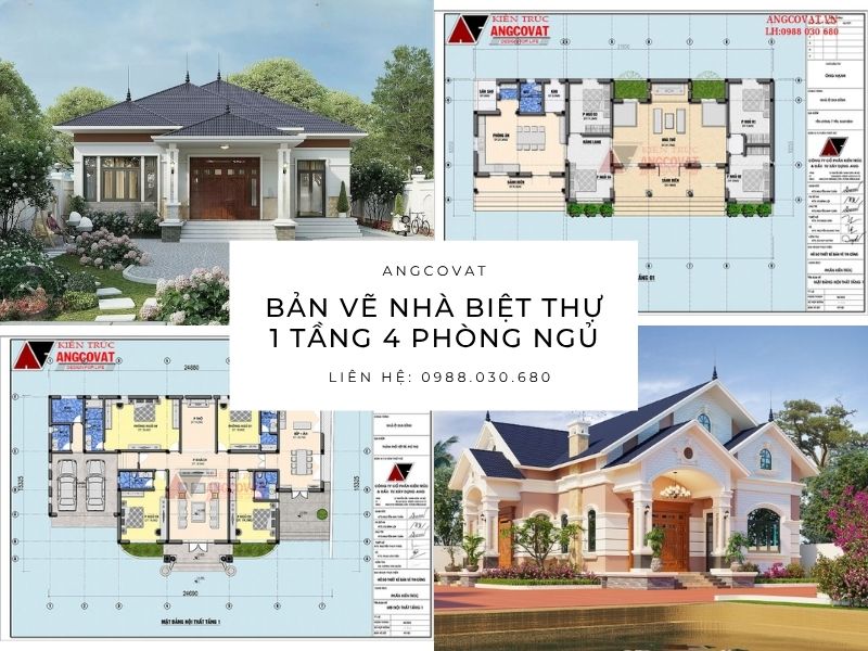 Những bản vẽ nhà biệt thự 1 tầng 4 phòng ngủ đẹp nhất
