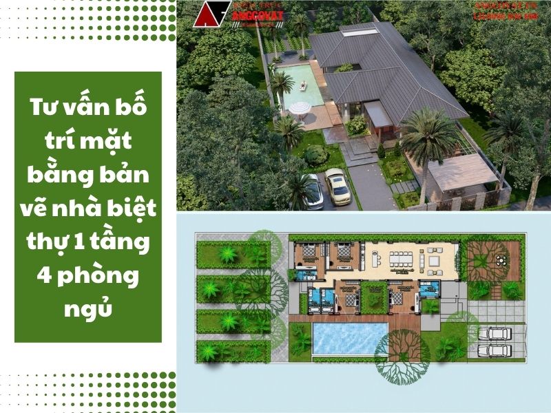Gợi ý cách bố trí mặt bằng bản vẽ nhà biệt thự 1 tầng 4 phòng ngủ