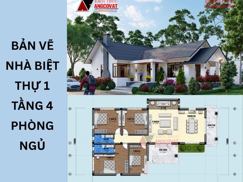 Mặt bằng nhà biệt thự 1 tầng 4 phòng ngủ mái Thái chữ L