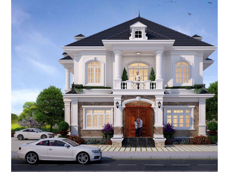 Thiết kế nhà 3 gian 2 tầng sang trọng với gam màu trắng nổi bật, thu hút