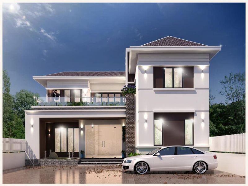 Mẫu nhà biệt thự 3 gian hiện đại với sân thượng rộng rãi và hệ thống cửa kính sang trọng, tối ưu ánh sáng