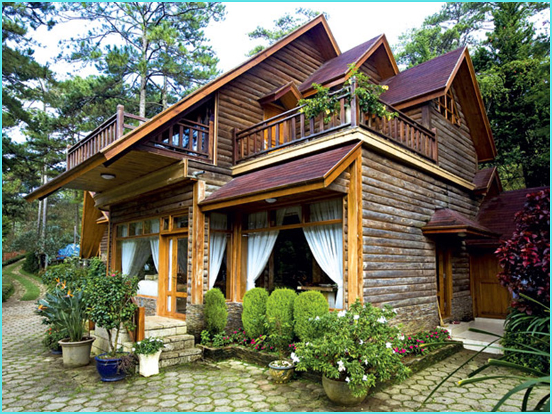 thiết kế nhà 2 tầng không gian xanh bằng gỗ