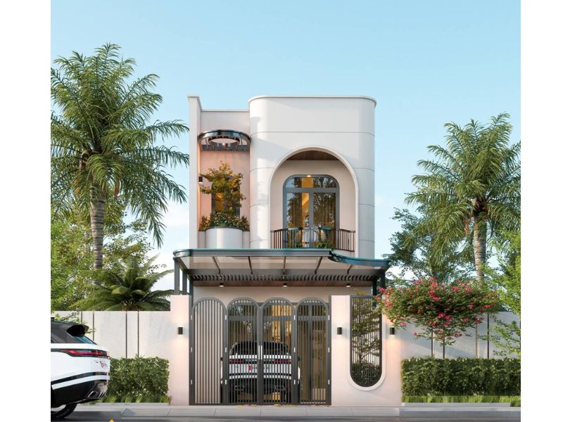 Kiến trúc cong vòm trong mẫu nhà 1 trệt 1 lầu 80m2 tạo vẻ đẹp thanh thoát, uyển chuyển