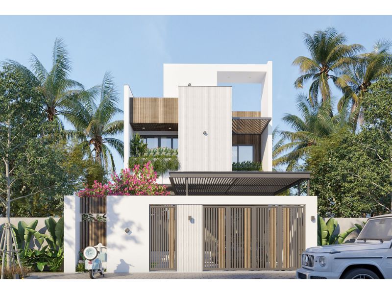 Mẫu nhà 1 trệt 1 lầu hiện đại có sân trước rộng để xe ô tô