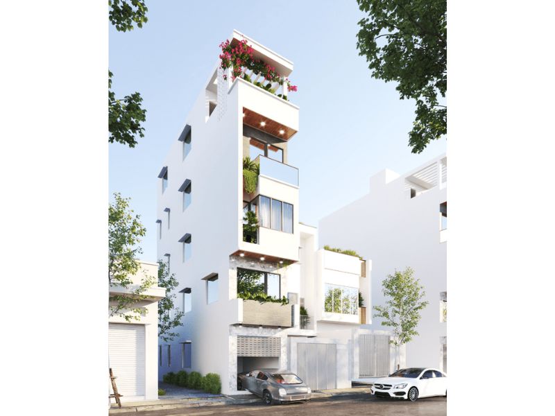 Tham khảo ý tưởng xây nhà 5 tầng 40m2 hiện đại có gara để xe và ban công rộng thoáng 